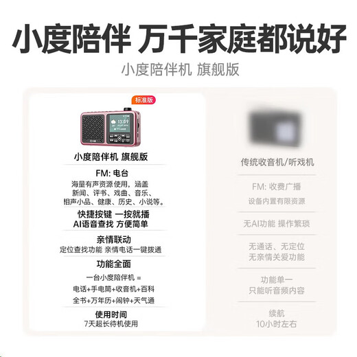 Xiaodu elderly companion machine rechargeable outdoor portable plug-in card smart FM radio elderly mobile phone voice on demand massive audio resources as gifts for parents, family and elders gray