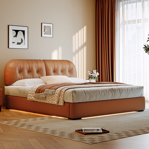 Winter Bear Toffee Cloud Bed Ultra-Thin Bedside Leather Puff Cream Style Double Master Bedroom High Box Storage Translation Bed Imported Cowhide Bed/Full Solid Wood Beech Rib Frame 1800mm*2000mm-Translation Storage Structure