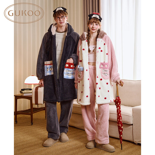 Gukoo Couple Pajamas Winter Coral Velvet Warm Disney Co-branded Raglan Sleeve Women's Home Clothes Set Men's Pajamas D Bear Black Men's Suit XL