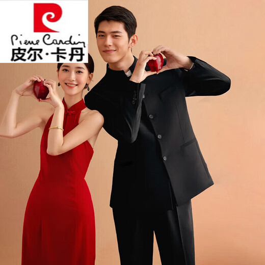 Pierre Cardin Chinese tunic suit engagement wedding suit men's stand collar new Chinese suit suit men's knitted handsome suit jacket black jacket + pants XS