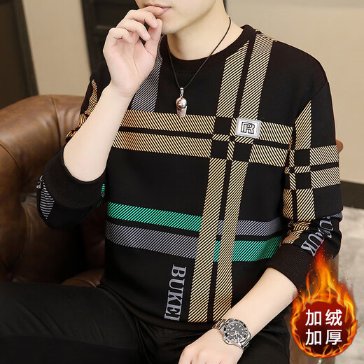 Counter genuine sweatshirt men's autumn and winter trendy slim fit plus velvet thickened warm round neck long-sleeved sweatshirt dk black (velvet thickened) L (recommended 115-135Jin Jin equals 0.5 kg)