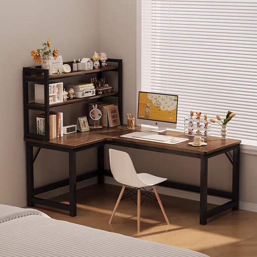 Corner gaming table computer table desktop home double desk bookshelf integrated table bedroom L-shaped table office desk single table dark walnut color right 120x100x75cm