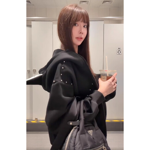 Xiaohongshu Korean high street niche Doberman ear coat for women spring and autumn design niche couple national fashion brand cardigan sweatshirt black-version spring and autumn thin section M