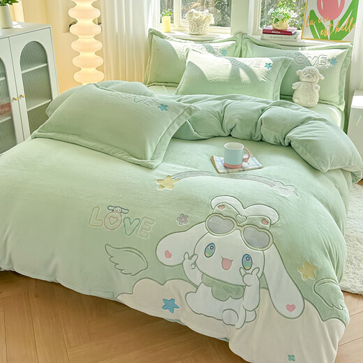 Mercury series cartoon cute cinnamon dog milk velvet four-piece set for children thickened coral velvet quilt cover double-sided velvet warm flannel cute big-eared dog green 1.5m bed sheet style four-piece set (suitable for 200*230 quilt core)