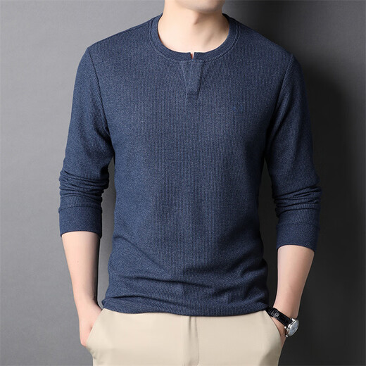 LESS IS MORE Lilang Men's Mixed Cotton Henley Collar Men's T-shirt Spring and Autumn New Long Sleeve T-shirt Bottoming Shirt Men's Dad Green M 48 90-105Jin Jin is equal to 0.5 kg