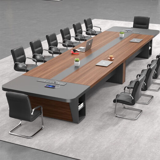 Large conference table and chair combination, simple and modern employee training table, negotiation table, conference room long table, office furniture, 2.4m conference table + multimedia cable box