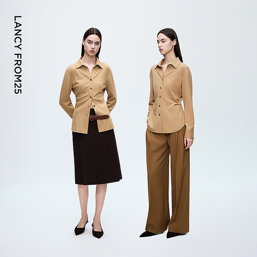 Langzi French commuter style 100 pure wool lapel shirt women's slim ol top 2025 winter new style light beige XL