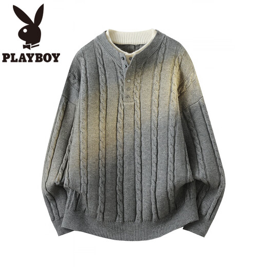 Playboy (PLAYBOY) cable pattern sweater men's autumn and winter holiday two-piece Henry collar pullover bottoming shirt men's simple woolen clothes dark gray M about 90~110Jin Jin equals 0.5 kg can be worn