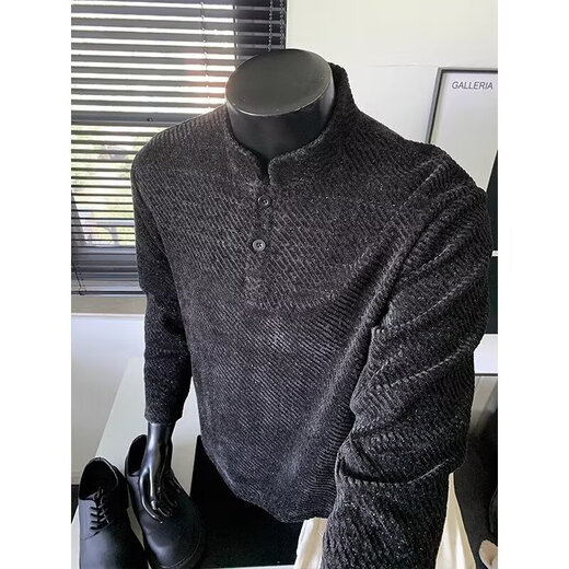 American style right shoulder Henry Polo shirt sweatshirt for men, spring and autumn top with trendy brand texture jacquard long-sleeved T-shirt for men, black L 100-120Jin Jin is equal to 0.5 kg