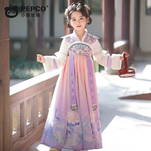 Piggy Banner (PEPCO) Girls Hanfu Winter Costume Dress Chinese Style Tang Suit Children's Velvet Skirt New Year's Eve Clothes Purple 130