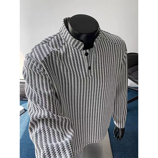 7 excellent products sweatshirt men's autumn and winter American Henry collar heavy striped bottoming shirt loose casual jacket top men YZXS-CT04 white M