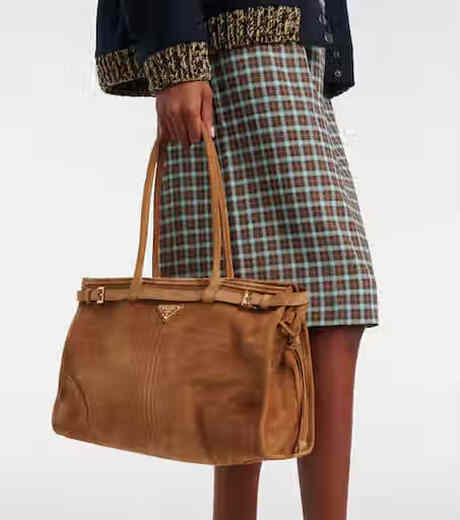 PRADA Luxury Women's BONNIE Large Suede Handbag Shoulder Bag Brown One Size
