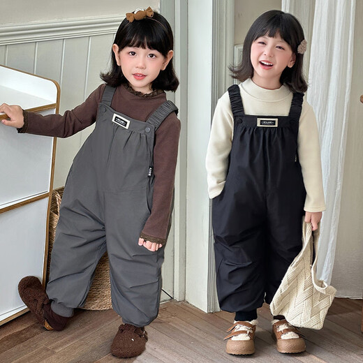 G.DUCKKIDS baby down overalls, boys and children's suspender long pants, girls' casual pants, baby winter belly protection warm pants, black 90, recommended age is about 1 and a half years old
