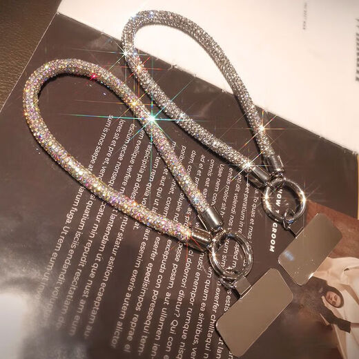 Mobile phone lanyard hanging chain clip short pendant high-end luxury thick rhinestones strong universal fashion wrist lanyard Champagne gold and white diamonds full of diamonds + stainless steel card-wrist style