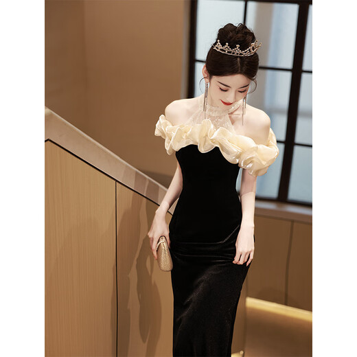 ROMON evening dress for women 2026 new banquet style celebrity French high-end light luxury one-shoulder host fishtail skirt black velvet style S