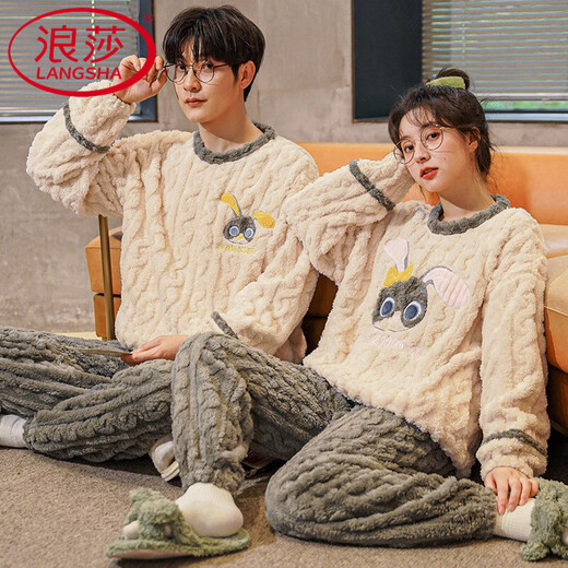 Langsha Autumn and Winter Coral Velvet Pajamas Couple Style Sweet Cartoon Plus Velvet Thickened Winter Men and Women Warm Flannel Suit Coral Velvet Round Neck Suit-HMF7908 2XL Male Recommended 150-170 Jin Jin equals 0.5 kg