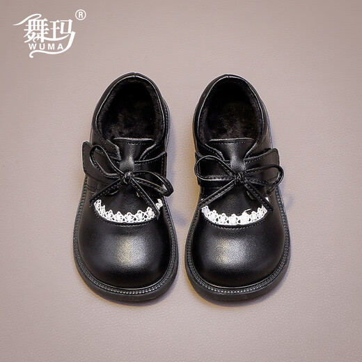 Wuma Girls' Shoes Children's Velvet Princess Shoes 2025 New Autumn and Winter Little Girls Soft Soled Genuine Leather and Second Cotton Small Leather Shoes