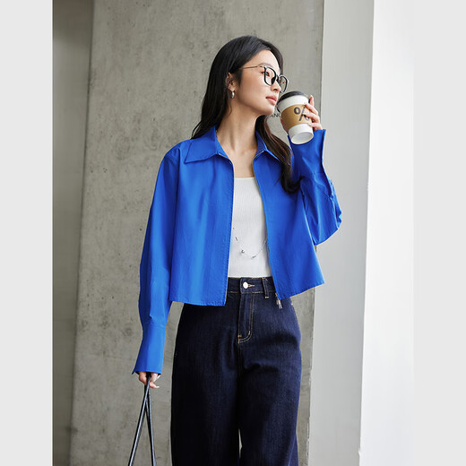 Fanciman long-sleeved lapel shirt women's autumn new high-end shirt pure cotton top Klein blue S