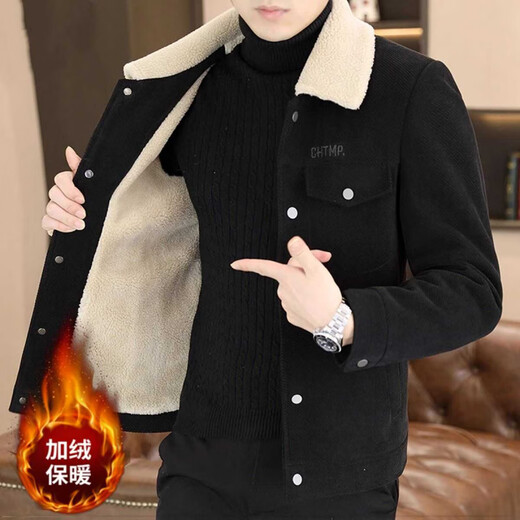 Dances with Wolves lamb velvet jacket men's winter new velvet thickened lapel jacket youth Japanese retro winter tops 820 black 821 jacket XL recommended 125-140Jin Jin equals 0.5 kg