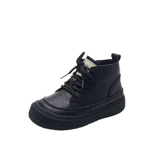 Shepherd cow (MUTONGNIU) first-layer cowhide children's leather shoes with velvet for winter, boys' black leather shoes, girls' Martin boots, soft-soled large cotton shoes, black thin velvet second cotton 34, inner length about 21.5cm