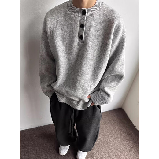 XUANSENTU light gray Henry collar velvet sweater men's autumn and winter lazy style sweater thickened American polo trend gray upgraded model 95% users choose 2XL