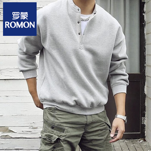 ROMON large size 300Jin Jin is equal to 0.5kg large size men's Henry collar sweatshirt men's spring and autumn new American fashion brand loose top bottoming shirt gray M 80-100Jin Jin is equal to 0.5kg