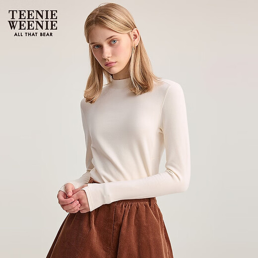 
Teenie Weenie Bear Women's T-shirt 2025 Autumn New Small Tretleneck Fleece Base Long Sleeve Top Ivory White M