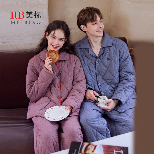 American Standard's new three-layer thickened cotton couple pajamas set men's cotton casual plaid can be worn outside home clothes, deep sea blue XL