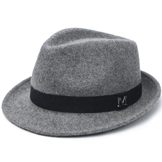 比肆羊秋冬季帽子男绅士礼帽英伦风加厚保暖纯羊毛呢复古卷边爵士帽礼 毛呢礼帽：灰色 M常规码55-58