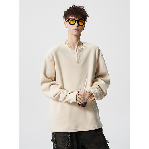 Cotton fantasy MIAN HUAN American high street heavyweight sweatshirt for men in autumn and winter, loose and trendy inner layering shirt for couples, Henry collar long-sleeved T-shirt, white XL