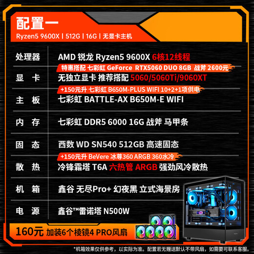 AMD Ryzen 5 9600X 9500F RTX5060TI 5070Ti 5060 computer host e-sports complete game desktop delta mobile assembly computer configuration one 9600X 16G 512G host without graphics card