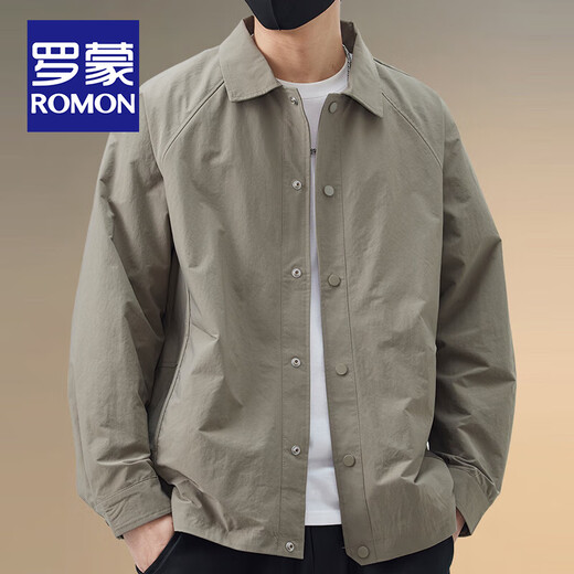 ROMON Men's Lapel Jacket 2025 Spring and Autumn New Solid Color Casual Handsome Top Loose Simple Fashion Windproof Jacket Regular Style 8802 Gray Green XL (Recommended 135-155 Jin Jin equals 0.5 kg)
