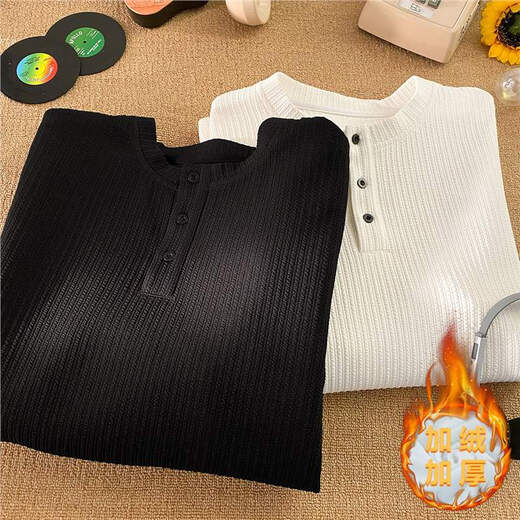 Jufeng winter velvet thickened Henry collar long-sleeved T-shirt for men cleanfit American textured inner sweatshirt base layer black 4XL 180 to 200Jin Jin equals 0.5 kg can be worn