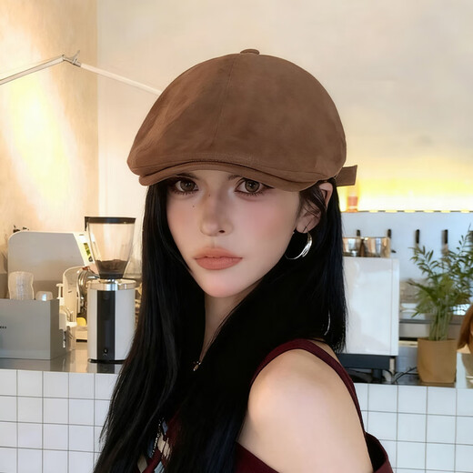Xuanyan retro Japanese progressive hat women's British style all-match beret big head circumference backward duck bill newsboy hat beret dark brown