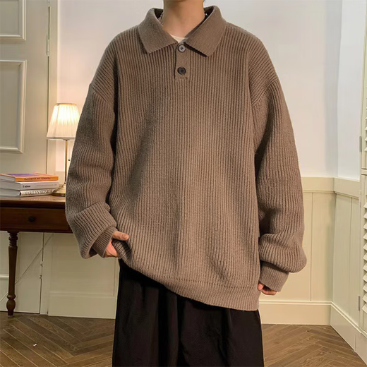Qingyimian Japanese retro polo collar sweater winter men's 2025 new warm loose sweater lazy Henry collar inner wear brown (Henry collar) L recommended 100-125Jin Jin equals 0.5 kg