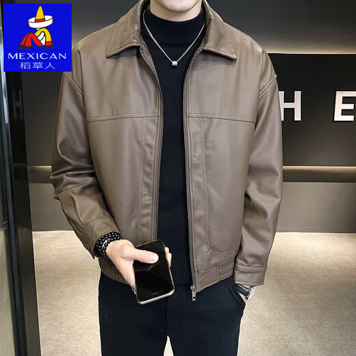 Men's Short Leather Jacket Men's Handsome New Autumn and Winter Motorcycle Leather Jacket Brown L