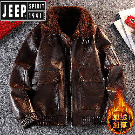 JEEP SPIRIT batik shiny fur collar leather jacket men's plus velvet thickened fur all-in-one warm motorcycle jacket for winter bright coffee color 4XL recommended 165-180 Jin Jin equals 0.5 kg