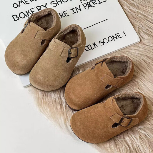 Belle Tread Korean style children's shoes 2026 autumn and winter new style children's velvet Birkenstock shoes nubuck leather second-cotton shoes beanie shoes cotton shoes camel plus velvet 21