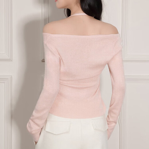 CHOCOOLATE it women's sweater women's sweet and spicy style halter neck off-shoulder sweater women's winter pleated waist bottoming shirt top pink one size