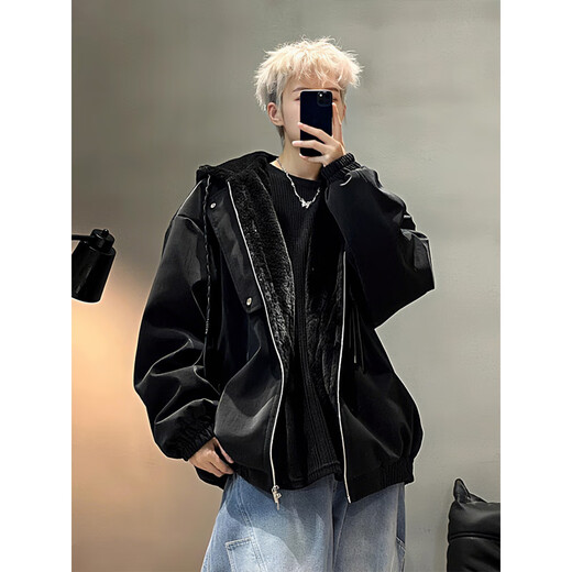 XUANSENTU American PU leather jacket with mountain carving cotton jacket for men in winter, thickened velvet, warm and cold-resistant jacket, hooded jacket, cotton coat A093-M960 black, velvet, upgraded version XL