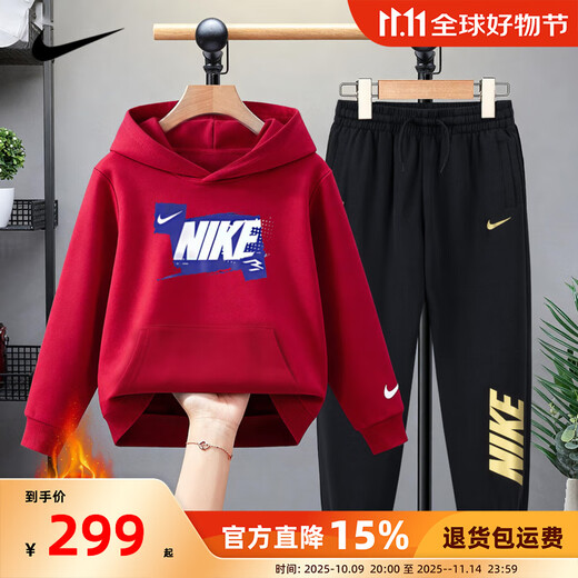 NIKE Nike Girls Sports Suit Plus Velvet Hooded 2025 New Autumn and Winter Boys Cotton Two-Piece Suit Children's Thickened College Red 2236 Autumn and Winter Velvet Style High Weight 160/L Recommended Height 152-158cm