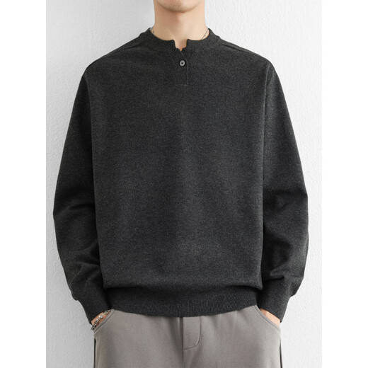 Zimei simple Henry collar sweater for men in autumn and winter color old money style loose sweater V-neck retro thickened woolen sweater charcoal gray M _115Jin Jin is equal to within 0.5 kg