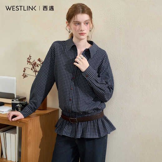 Westlink Westlink Retro Blue Plaid Shirt Women's Autumn New Waist Ruffle Design Shirt Jacket Blue S