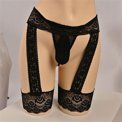 Men's lace suspender thong transvestite underwear transparent thong sexy leggings style shorts breathable bag one size black 80-130Jin Jin equals 0.5kg size1