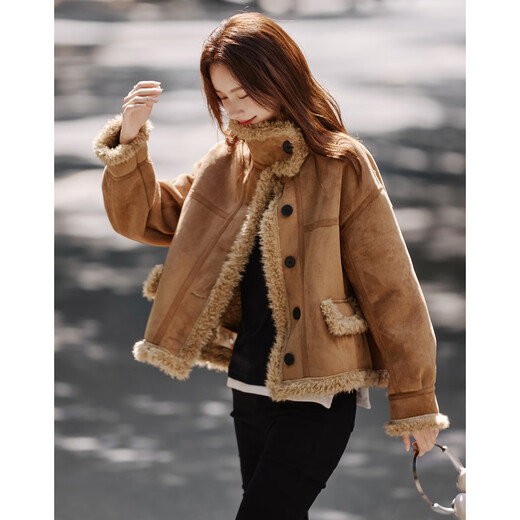 Shangjing Fashion Retro Contrast Color Lapel Short Jacket Women's 2025 Winter New Big Fur Collar Casual Thickened Warm Short Jacket Khaki L