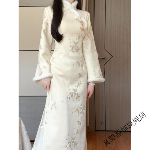Zhenji Matcha 2025 winter new improved cheongsam embroidered plus velvet J thickened fur collar female model new Chinese style skirt beige cheongsam embroidered velvet thickened S