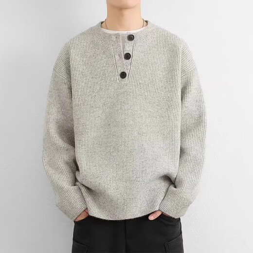 Playboy (PLAYBOY) autumn and winter top Korean simple Henry collar sweater men's trendy brand INS pullover bottoming sweater light gray M