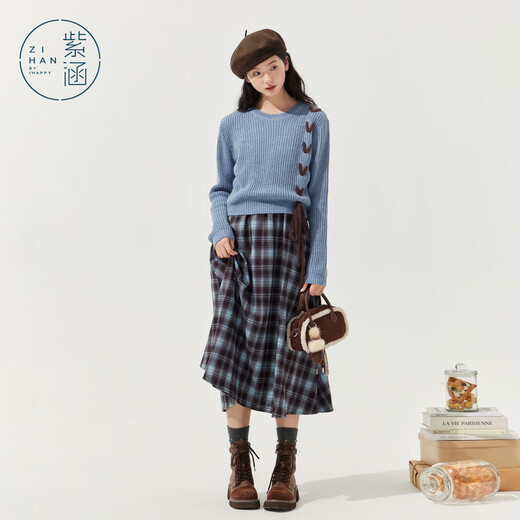 Zihan (ZIHAN) Zihan blue plaid suspender dress wool pullover sweater two-piece suit for women 2025 winter new style blue plaid M