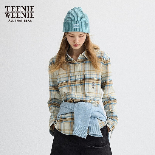 Teenie Weenie Bear Women's Plaid Shirt 25 New Fall College Style Simple Bear Embroidered Top Ivory White XS