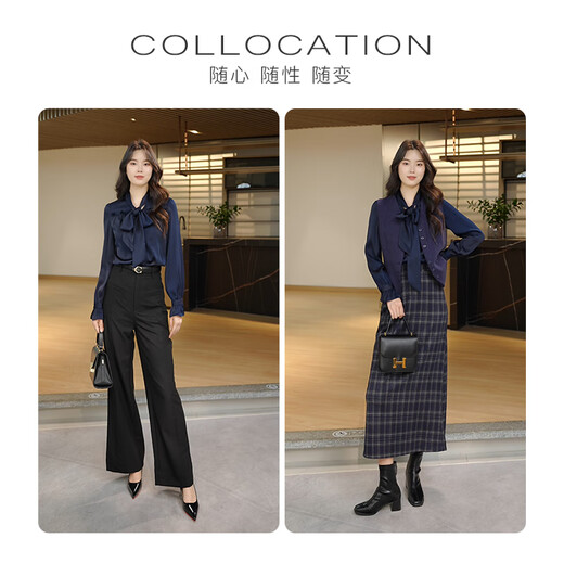 Late White New Product 2025 Autumn Solid Color Bow Tie Collar Top Elegant and Versatile Shirt for Women Dark Blue M